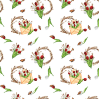 handgemalt Aquarell Illustration. nahtlos Muster mit Blumen- Kränze, rot und Weiß Tulpen, Weidenkätzchen Geäst und Blumensträuße im Jahrgang Umschläge png