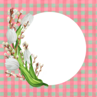 dibujado a mano acuarela ilustración. a cuadros sin costura modelo y floral ramo de flores con blanco tulipanes y sauce sucursales. cuadrado saludo tarjeta png