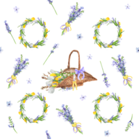hand getekend waterverf illustratie. naadloos provence patroon met lavendel, rieten mand, bloemen kransen, geel tulpen, wilg takken png