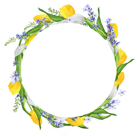 Hand-drawn watercolor illustration. Beautiful wreath with white and yellow tulips and lavender png