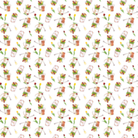ritad för hand vattenfärg illustration. sömlös mönster med trädgård vattning burk, gul, röd och vit tulpaner, trädgård hinkar, blomkrukor och trädgård verktyg png