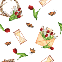 desenhado à mão aguarela ilustração. desatado padronizar com floral grinaldas, vermelho e branco tulipas, salgueiro galhos e buquês, ampulheta e vintage envelopes png