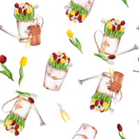 ritad för hand vattenfärg illustration. sömlös mönster med trädgård vattning burk, gul, röd och vit tulpaner, trädgård hinkar, blomkrukor och trädgård verktyg png