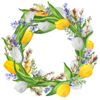 Hand-drawn watercolor illustration. Beautiful wreath with white and yellow tulips, lavender and lovely pussy-willow branches png
