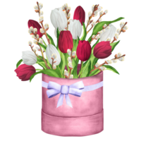 Hand-drawn watercolor illustration. Flower composition with white and red tulips, willow branches and green leaves. Spring flowers in the gift box. Beautiful bouquet png