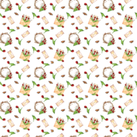 handgemalt Aquarell Illustration. nahtlos Muster mit Blumen- Kränze, rot und Weiß Tulpen, Weidenkätzchen Geäst und Blumensträuße, Sanduhr und Jahrgang Umschläge png