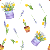 desenhado à mão aguarela ilustração. desatado floral padronizar com lavanda, branco e amarelo tulipas, salgueiro galhos e vasos de flores png