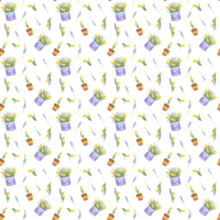 ritad för hand vattenfärg illustration. sömlös blommig mönster med lavendel, vit och gul tulpaner, vide grenar och blomkrukor png