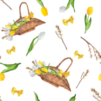 Hand-drawn watercolor illustration. Seamless Provence pattern with wicker basket with white and yellow tulips, pussy-willow branches, yellow bows png