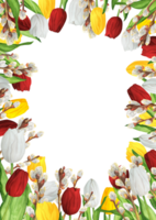 handgemalt Aquarell Illustration. rechteckig Rahmen mit bunt Rot, Weiß und Gelb Tulpen und schön Weidenkätzchen Geäst png