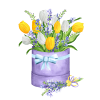 hand getekend waterverf illustratie. bloem boeket met wit en geel tulpen, lavendel en groen bladeren. voorjaar vakantie boeket in een geschenk doos en klein bloemen boeket met lavendel png