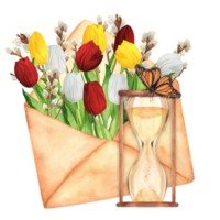Hand-drawn watercolor illustration. Vintage envelope with white, yellow and red tulips and pussy-willow branches and butterflies and hourglass png