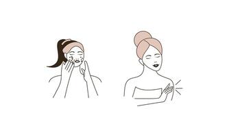 Girl cares for face and body, cosmetics instructions vector