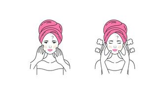 Girl cares for face and body, cosmetics instructions vector