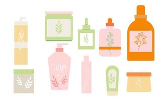 natural orgánico productos cosméticos para piel en vistoso botellas, tubos, frascos vector plano ilustración