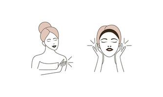 Girl cares for face and body, cosmetics instructions vector