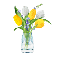 ritad för hand vattenfärg illustration. blomma bukett med vit och gul tulpaner, lavendel- och grön löv. vår påsk bukett i en glas vas png