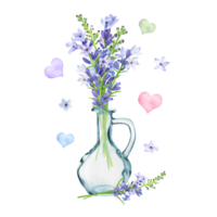 desenhado à mão aguarela ilustração. Primavera lavanda ramalhete dentro uma vidro jarro com raminhos e colorida decorativo corações png