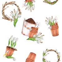 dibujado a mano acuarela ilustración. sin costura modelo con jardín cubos y herramientas, macetas, floral coronas, blanco tulipanes y sauce ramas png