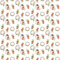 ritad för hand vattenfärg illustration. sömlös mönster med trädgård hinkar och verktyg, blomkrukor, blommig kransar, vit tulpaner och fitta-pil grenar png