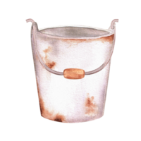 Hand-drawn watercolor illustration. Metallic garden bucket with a touch of rust png