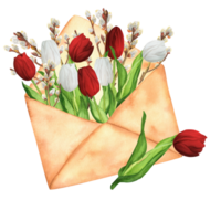 Hand-drawn watercolor illustration. Vintage envelope with white and red tulips and pussy-willow branches png