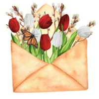 Hand-drawn watercolor illustration. Vintage envelope with white and red tulips and pussy-willow branches and butterflies png