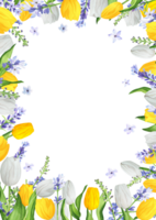 Hand-drawn watercolor illustration. Rectangular frame with colorful white and yellow tulips and lavender. Floral frame with spring tulips and blue lavender png