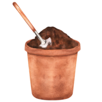 Hand-drawn watercolor illustration. Terracotta flowerpot with soil and shovel png