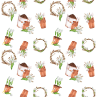 desenhado à mão aguarela ilustração. desatado padronizar com jardim baldes e ferramentas, vasos de flores, floral grinaldas, branco tulipas e salgueiro galhos png