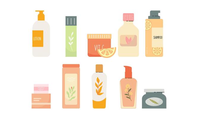 Natural organic cosmetics for skin in colorful bottles, tubes, jars vector flat illustration