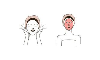 Girl cares for face and body, cosmetics instructions vector