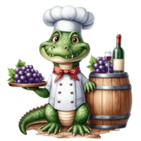 AI generated crocodile chef holding a barrel of grapes and a bottle of wine png