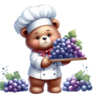 ai gerado Urso chefe de cozinha segurando uma prato com uvas png