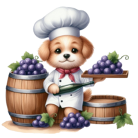 AI generated a cute puppy chef with a barrel of grapes png