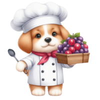 AI generated dog in chef hat holding a tray of grapes png