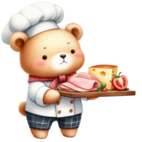 AI generated bear in chef hat holding a tray of food png