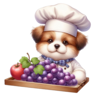 AI generated dog in chef hat holding a tray of grapes png