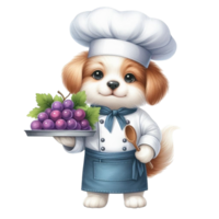 AI generated dog in chef hat holding a tray of grapes png