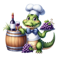 ai gerado crocodilo chefe de cozinha segurando uma barril do uvas e uma garrafa do vinho png