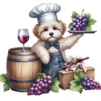 AI generated a cute puppy chef with a barrel of grapes png