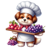 ai generado perro en cocinero sombrero participación un bandeja de uvas png