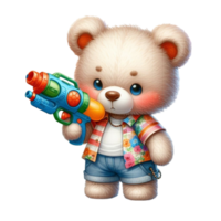 ai gerado uma desenho animado Urso de pelúcia Urso segurando uma brinquedo água arma de fogo png