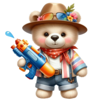 AI generated a cartoon teddy bear holding a toy water gun png