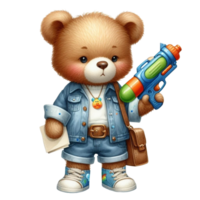 AI generated a cartoon teddy bear holding a toy water gun png