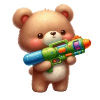 ai generiert ein Karikatur Teddy Bär halten ein Spielzeug Wasser Gewehr png