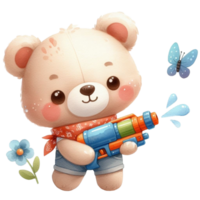 AI generated a cartoon teddy bear holding a toy water gun png