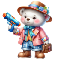 AI generated a cartoon teddy bear holding a toy water gun png