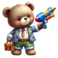 AI generated a cartoon teddy bear holding a toy water gun png