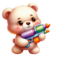 ai gegenereerd een tekenfilm teddy beer Holding een speelgoed- water geweer png
